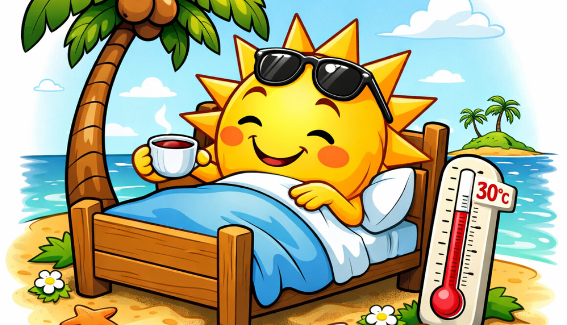 Erkältung oder Grippe: Sonne mit Fieberthermometer im Bett auf Mallorca