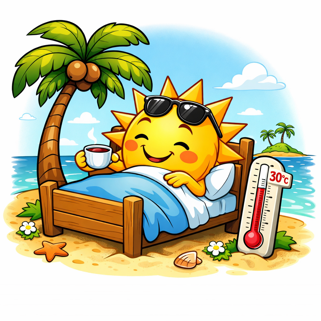 Erkältung oder Grippe: Sonne mit Fieberthermometer im Bett auf Mallorca