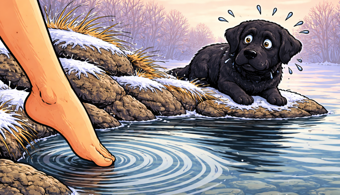 Baño en agua fría en invierno: dedo gordo tocando el agua fría, perro no quiere entrar