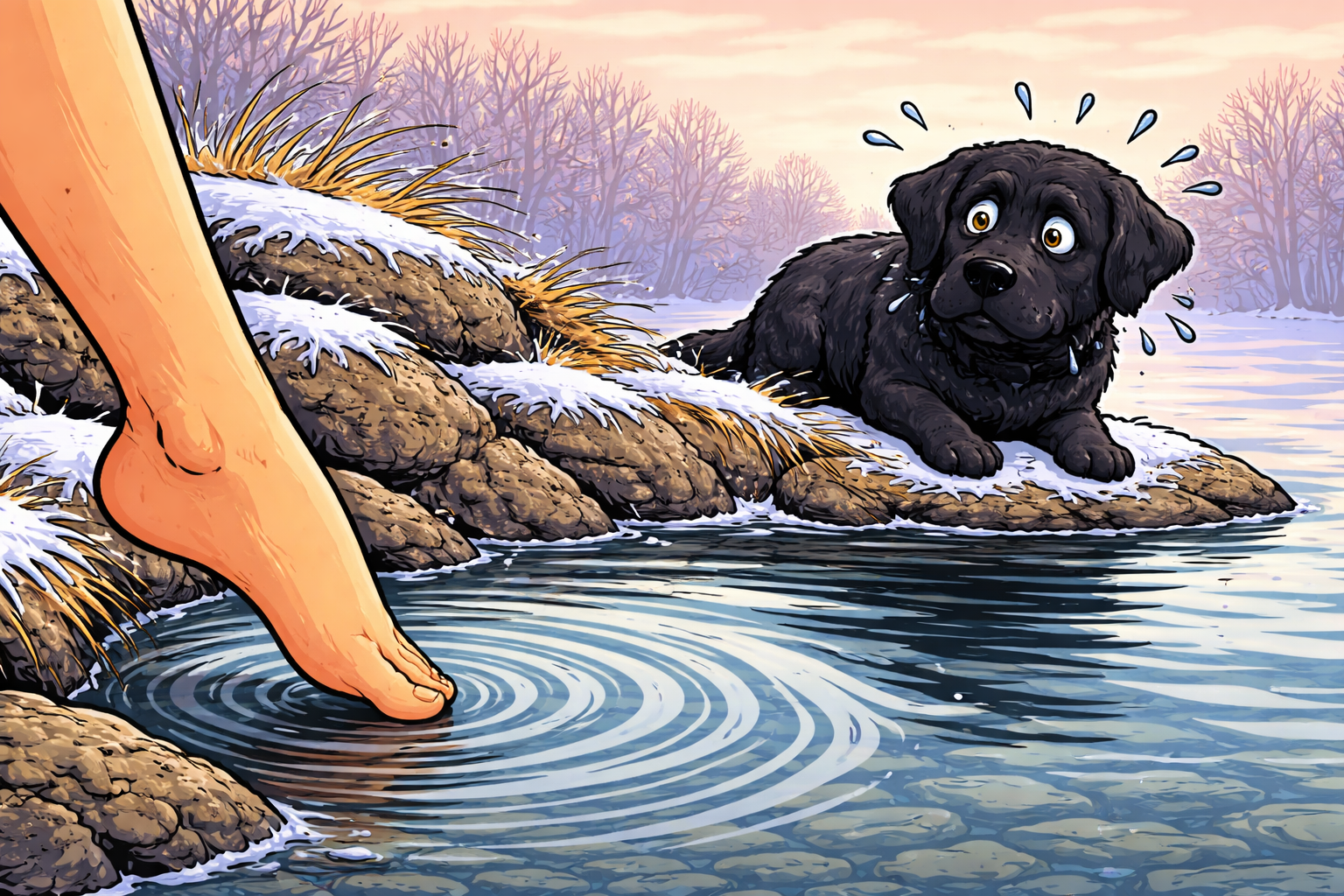 Baño en agua fría en invierno: dedo gordo tocando el agua fría, perro no quiere entrar