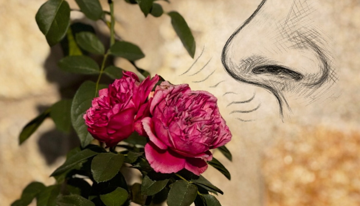 Rosen in Mallorca mit gezeichneter Nase – Riechen und Erinnerung