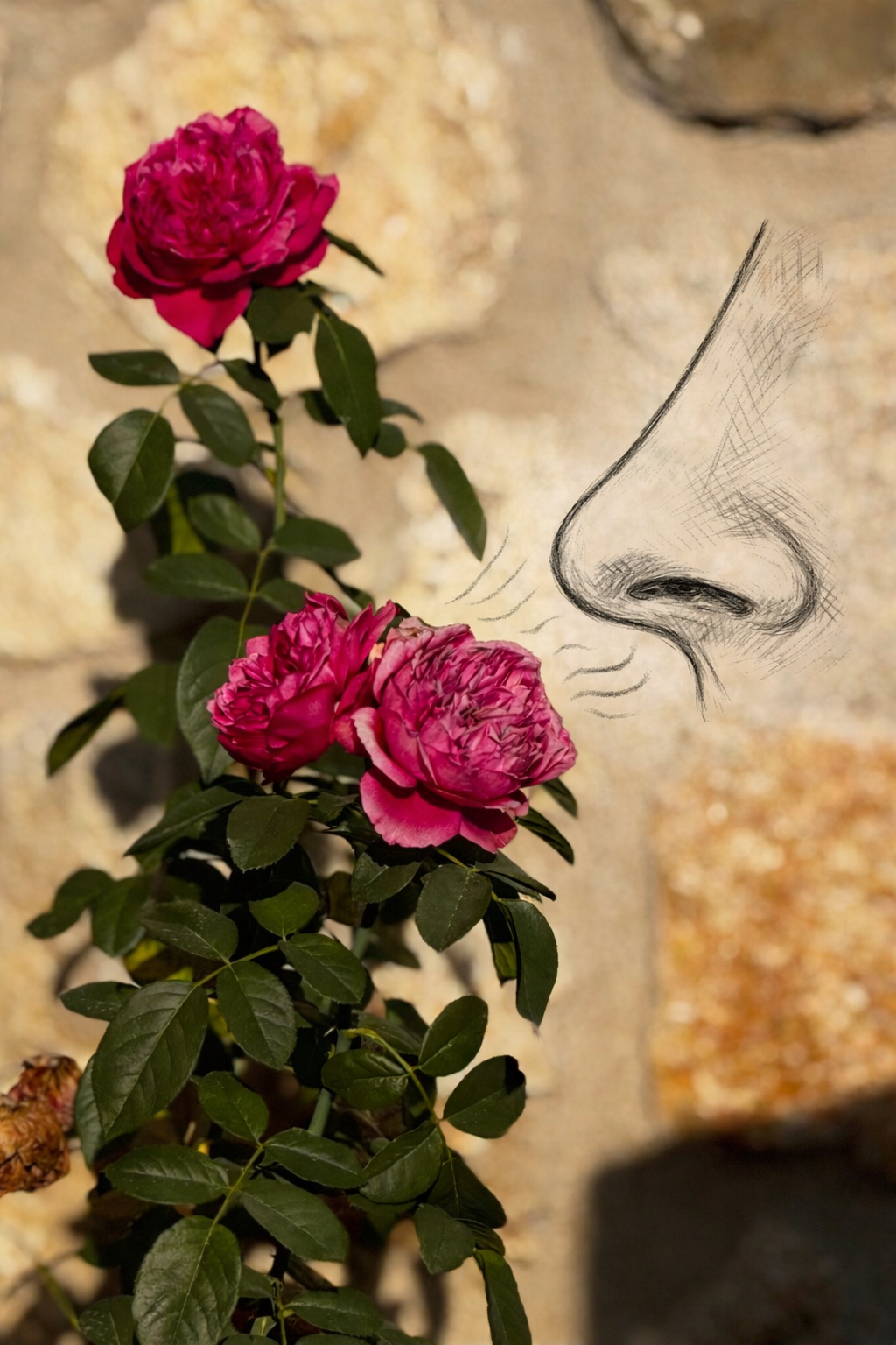 Rosen in Mallorca mit gezeichneter Nase – Riechen und Erinnerung