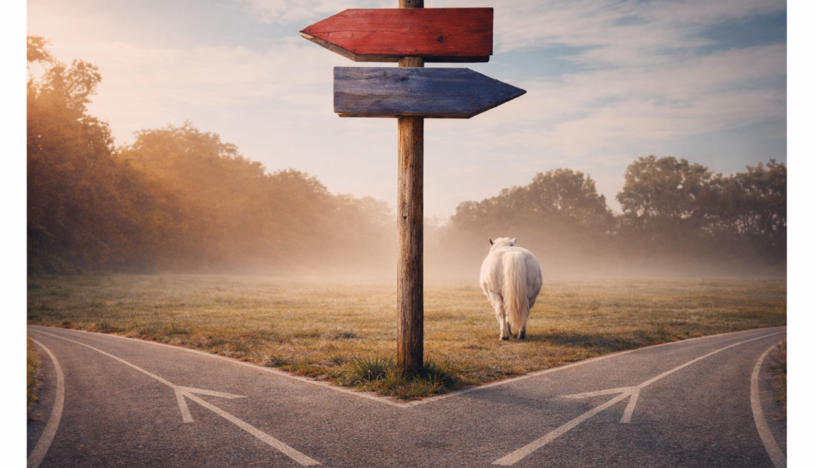Psychologie ist nicht nett – innerer Konflikt an einer Wegkreuzung mit Pony