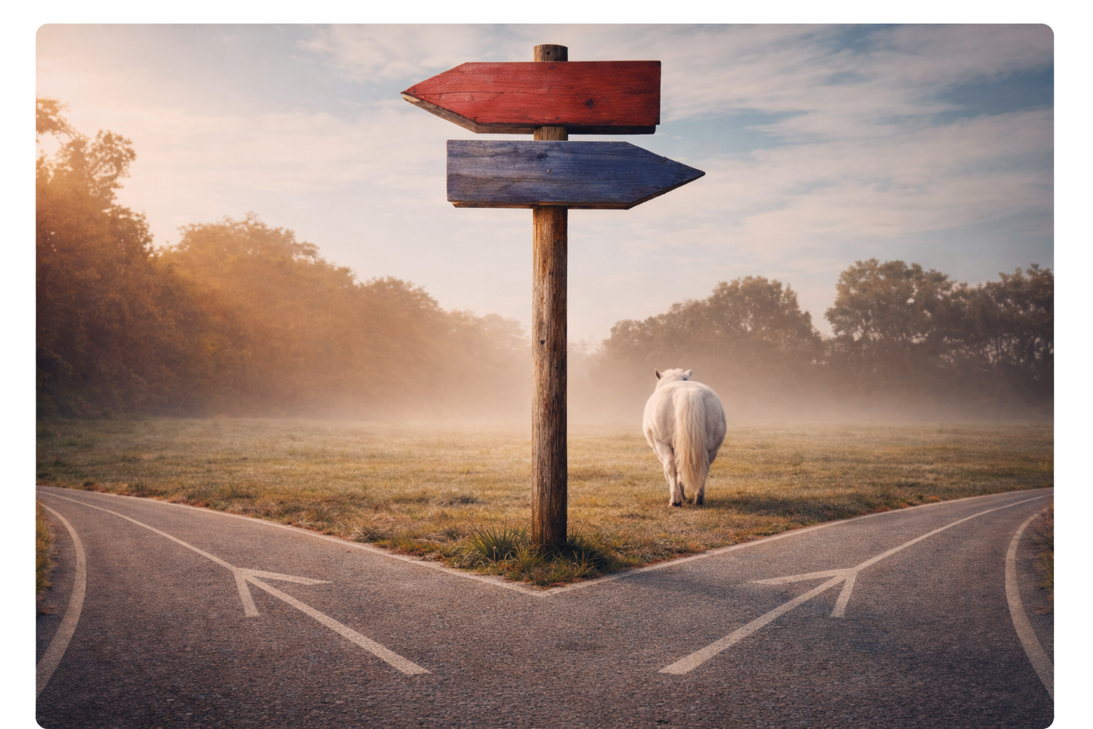 Psychologie ist nicht nett – innerer Konflikt an einer Wegkreuzung mit Pony
