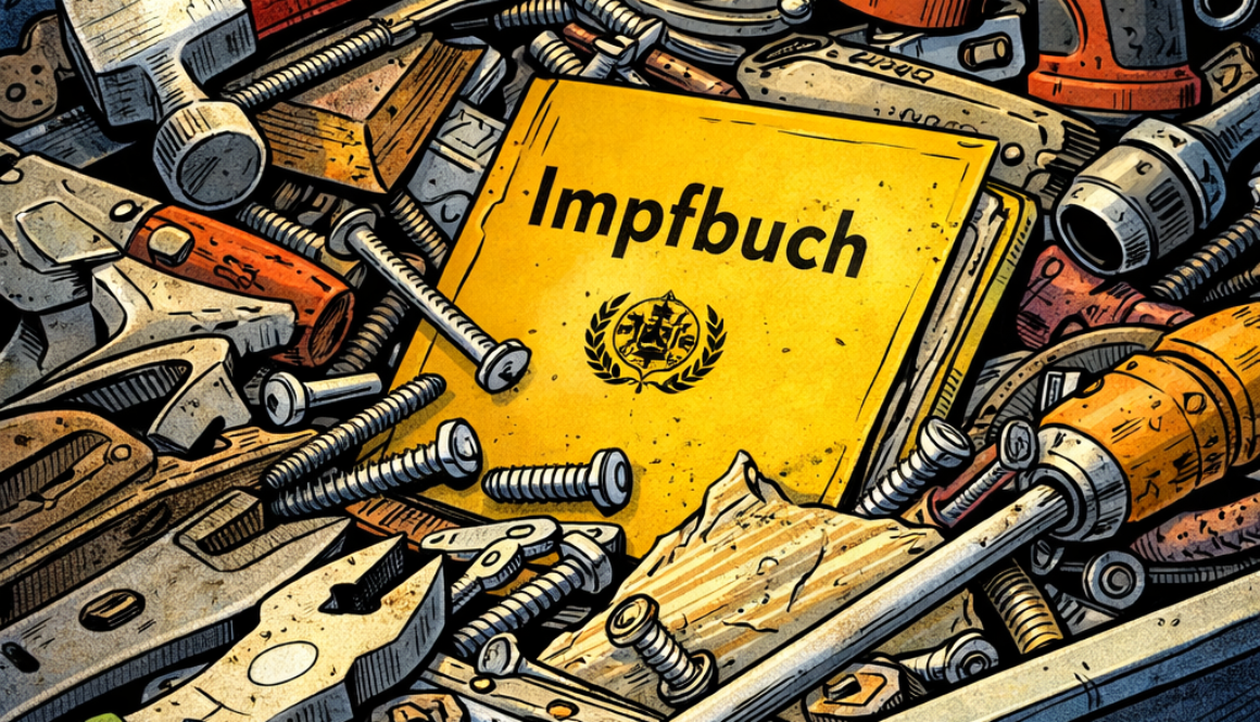 Impfbuch verschwindet in einem chaotischen Werkzeugkasten zwischen Schrauben und Zangen