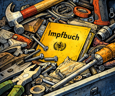 Impfbuch verschwindet in einem chaotischen Werkzeugkasten zwischen Schrauben und Zangen