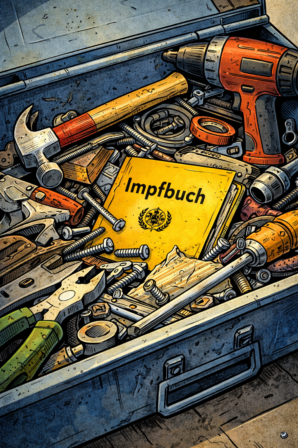 Impfbuch verschwindet in einem chaotischen Werkzeugkasten zwischen Schrauben und Zangen