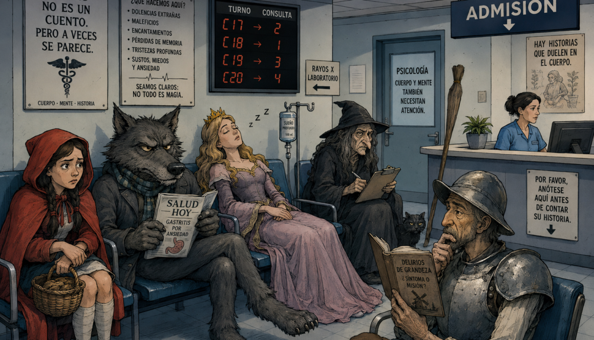 Cuentos y medicina en una sala de espera con el lobo, una bruja y una princesa dormida