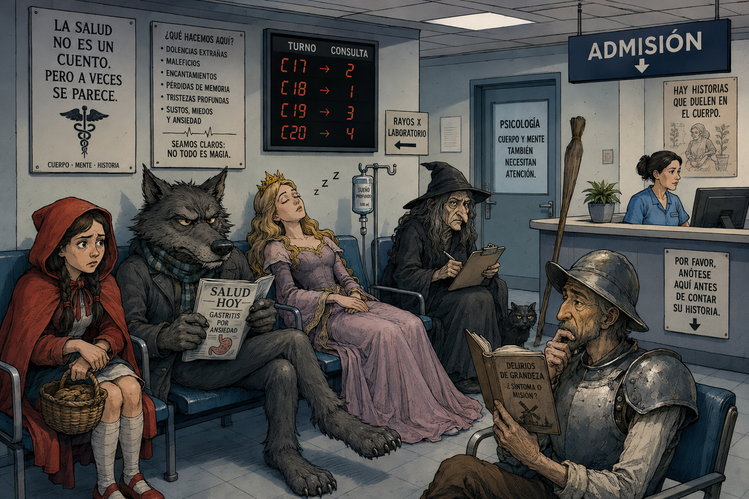 Cuentos y medicina en una sala de espera con el lobo, una bruja y una princesa dormida