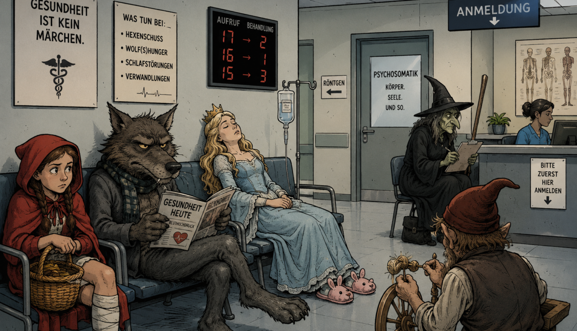 Märchen und Medizin im modernen Wartezimmer mit Wolf, Hexe und Dornröschen