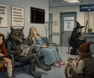 Märchen und Medizin im modernen Wartezimmer mit Wolf, Hexe und Dornröschen