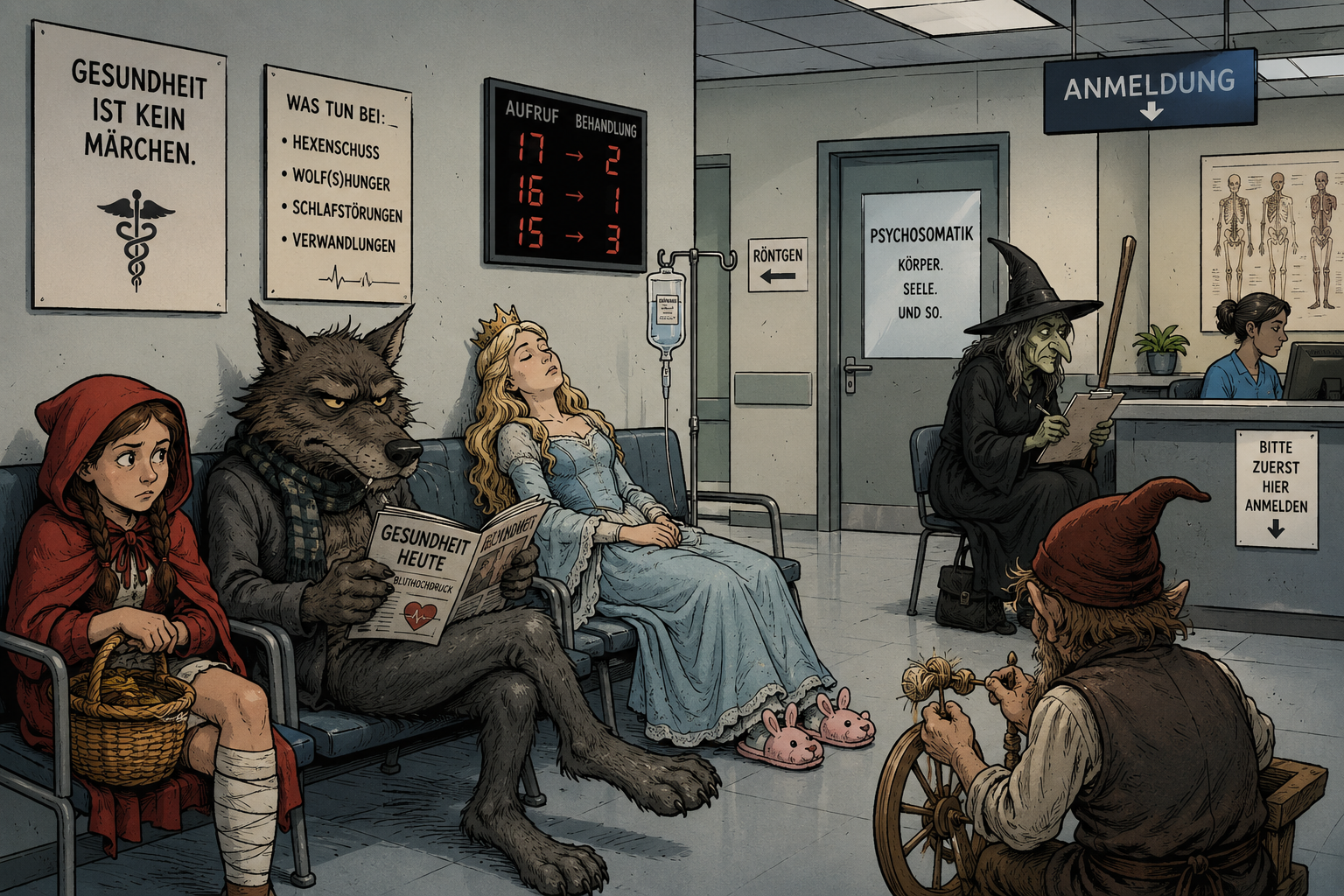Märchen und Medizin im modernen Wartezimmer mit Wolf, Hexe und Dornröschen