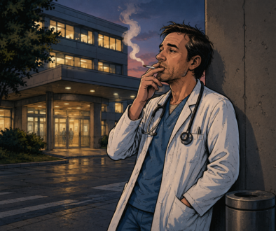Pneumologe vor einem Krankenhaus während einer Pause – warum gute Vorsätze scheitern und Bedürfnisse oft stärker sind als Vernunft