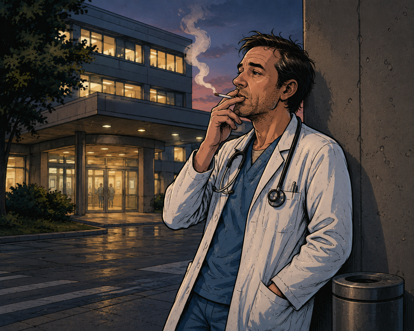 Pneumologe vor einem Krankenhaus während einer Pause – warum gute Vorsätze scheitern und Bedürfnisse oft stärker sind als Vernunft