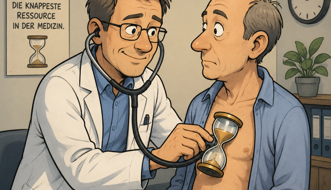 Illustration zu Arztterminen in Deutschland: ältere Patientin im Gespräch mit einem Arzt über Zeitdruck, Zielkonflikte und Prioritäten in der Medizin.