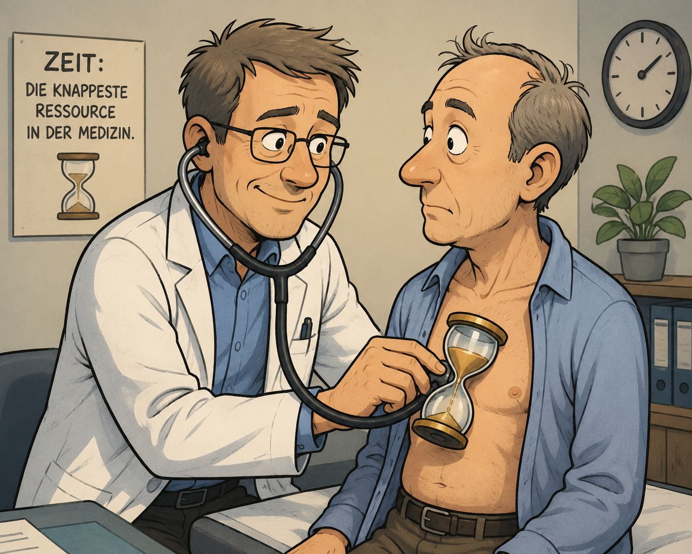 Illustration zu Arztterminen in Deutschland: ältere Patientin im Gespräch mit einem Arzt über Zeitdruck, Zielkonflikte und Prioritäten in der Medizin.