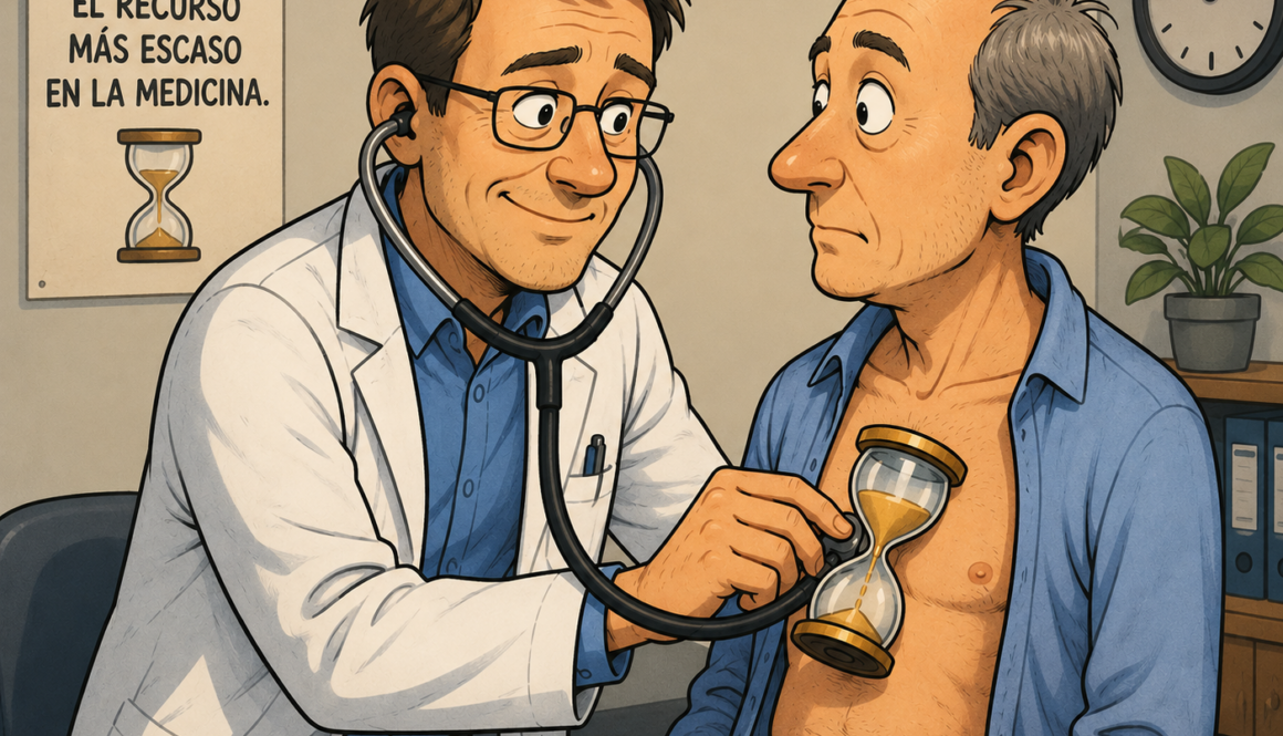 Ilustración sobre las citas médicas en Alemania: un médico y un paciente en consulta, símbolo de presión de tiempo, prioridades y conflictos de objetivos en la medicina.