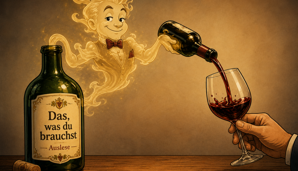 Alkohol als charmanter Flaschengeist aus einer Weinflasche mit dem Etikett „Das, was du brauchst – Auslese“, der Wein in ein Glas einschenkt