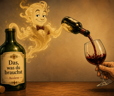 Alkohol als charmanter Flaschengeist aus einer Weinflasche mit dem Etikett „Das, was du brauchst – Auslese“, der Wein in ein Glas einschenkt