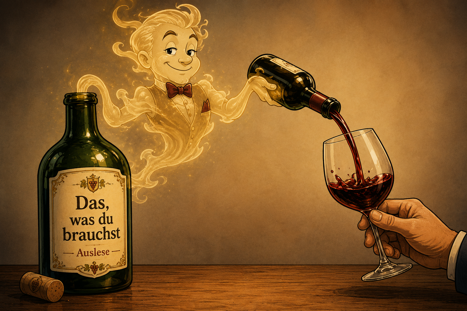 Alkohol als charmanter Flaschengeist aus einer Weinflasche mit dem Etikett „Das, was du brauchst – Auslese“, der Wein in ein Glas einschenkt