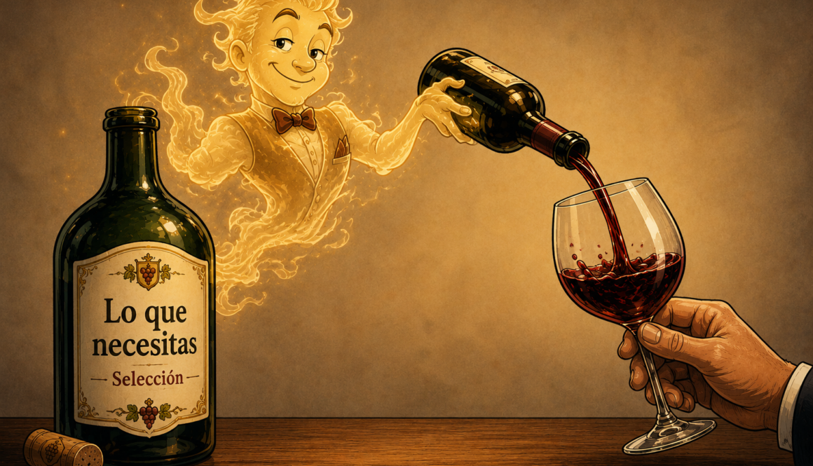 alcohol en España: ilustración en estilo cómic de una botella de vino con un genio que sirve una copa