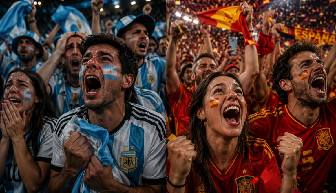 Spanische und argentinische Fußballfans sprechen dei Sprache Ihres Körpers: Sie jubeln und leiden mit ihren Mannschaften. Das Bild zeigt, wie Emotionen im ganzen Körper sichtbar werden.