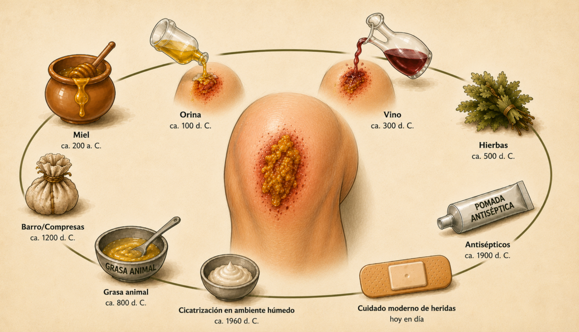 Ilustración de la historia del tratamiento de heridas desde la antigüedad hasta la cicatrización húmeda moderna, con miel, orina, vino, plantas medicinales y apósitos modernos.