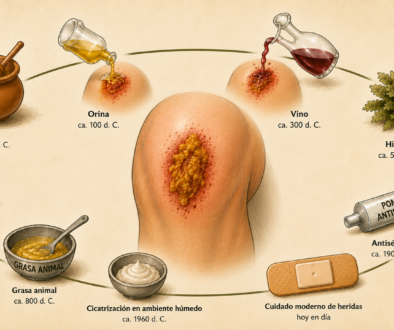 Ilustración de la historia del tratamiento de heridas desde la antigüedad hasta la cicatrización húmeda moderna, con miel, orina, vino, plantas medicinales y apósitos modernos.