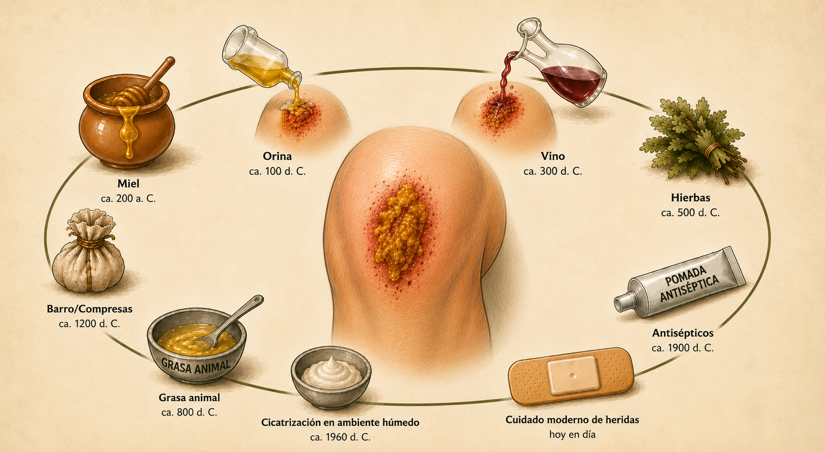 Ilustración de la historia del tratamiento de heridas desde la antigüedad hasta la cicatrización húmeda moderna, con miel, orina, vino, plantas medicinales y apósitos modernos.