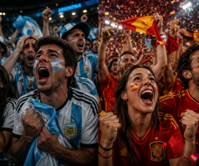 Aficionados de España y Argentina celebran o sufren un gol, mostrando cómo las emociones se expresan a través del cuerpo.