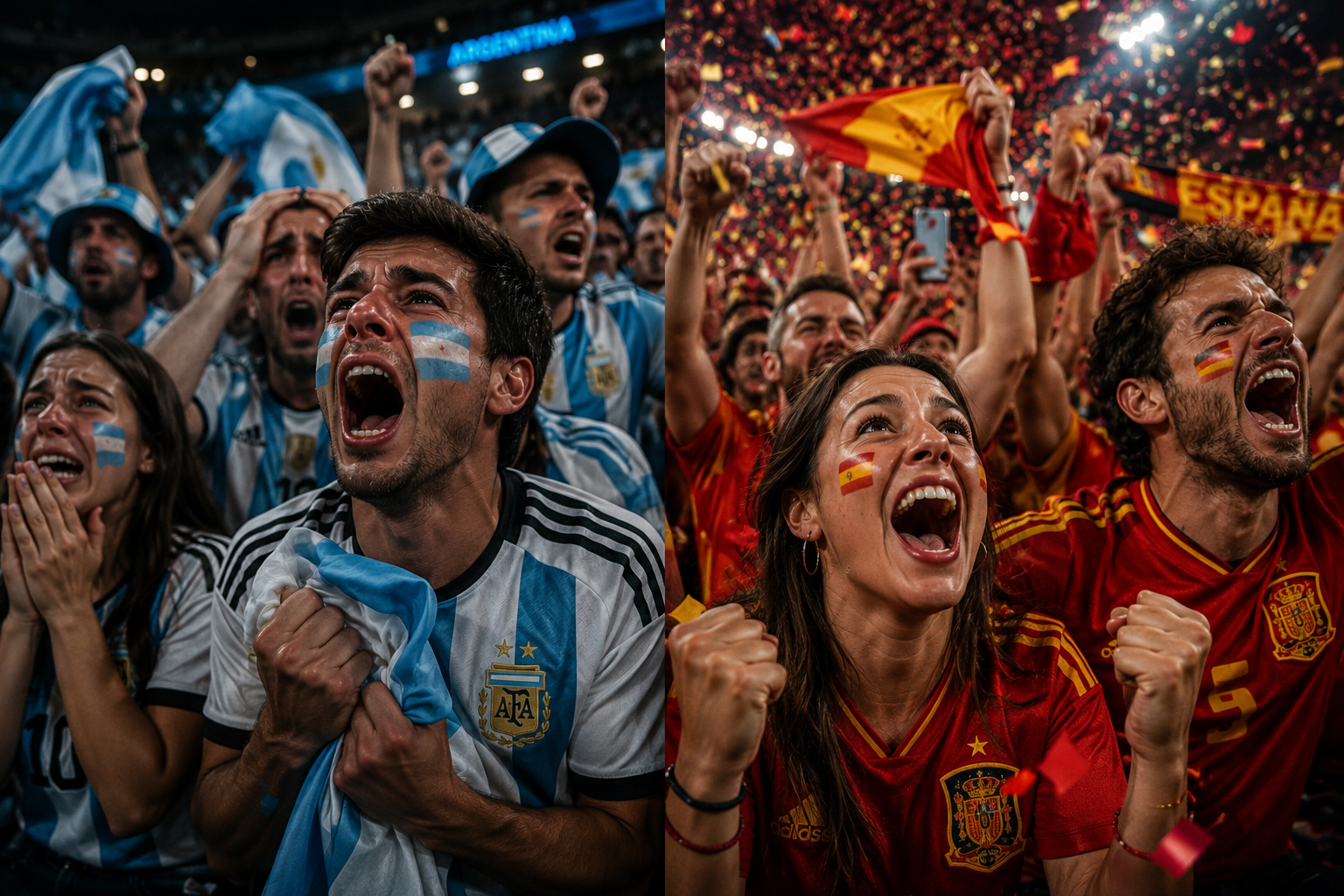 Aficionados de España y Argentina celebran o sufren un gol, mostrando cómo las emociones se expresan a través del cuerpo.