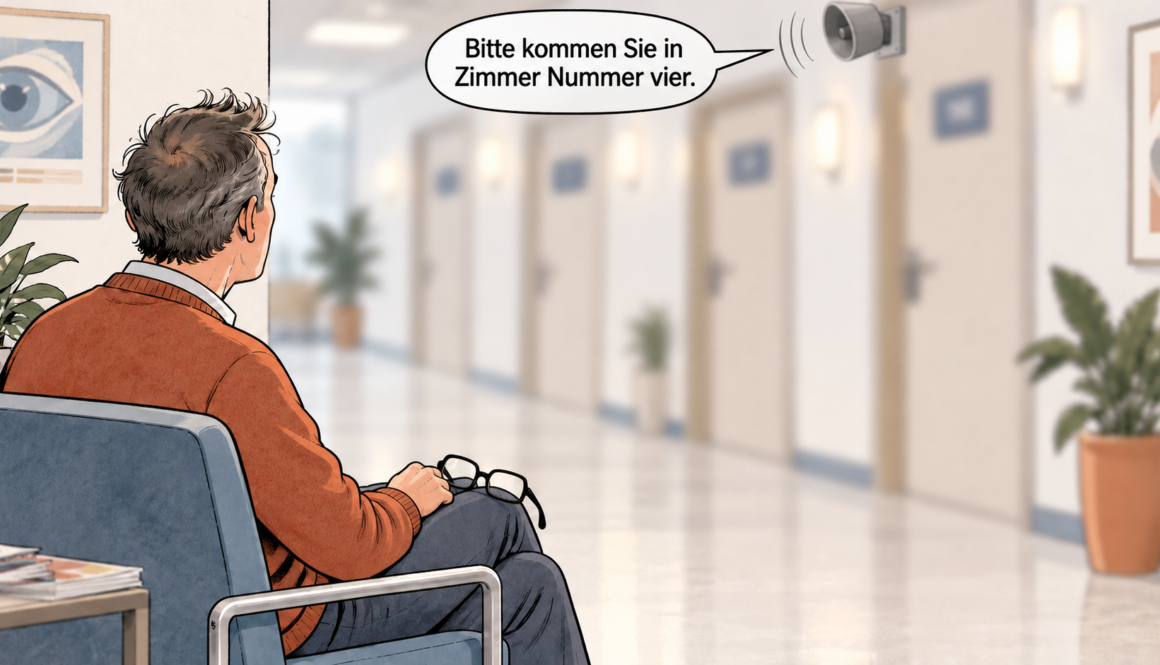Achtsamkeit in der Arztpraxis : Patient ohne Brille vor unscharfen Behandlungszimmern. Ein Lautsprecher ruft ihn in Zimmer Nummer vier.