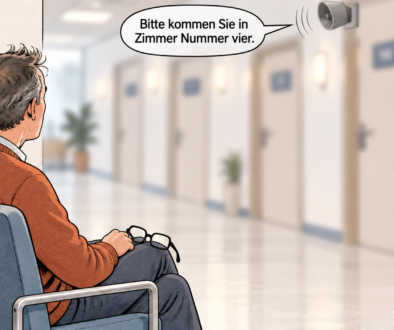 Achtsamkeit in der Arztpraxis : Patient ohne Brille vor unscharfen Behandlungszimmern. Ein Lautsprecher ruft ihn in Zimmer Nummer vier.