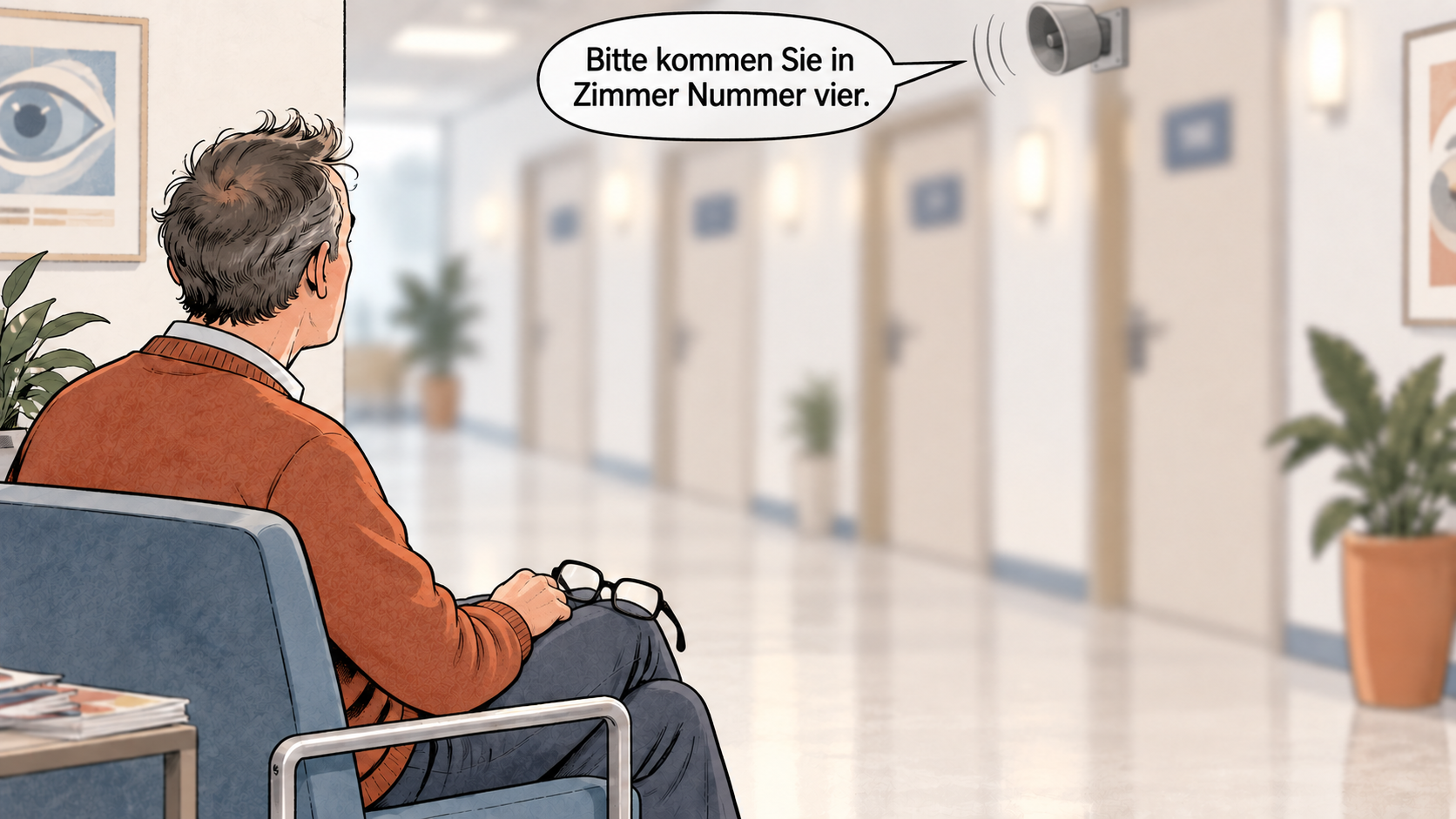Achtsamkeit in der Arztpraxis : Patient ohne Brille vor unscharfen Behandlungszimmern. Ein Lautsprecher ruft ihn in Zimmer Nummer vier.