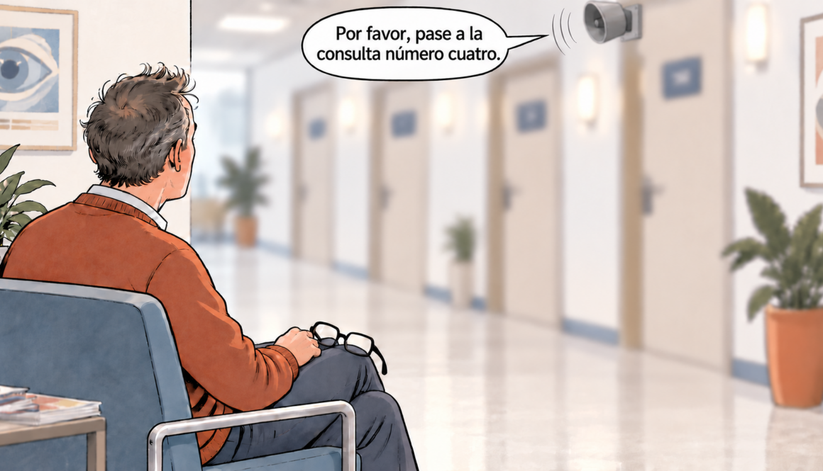 Paciente sin gafas ante varias puertas desenfocadas mientras un altavoz le indica que pase a la consulta número cuatro.