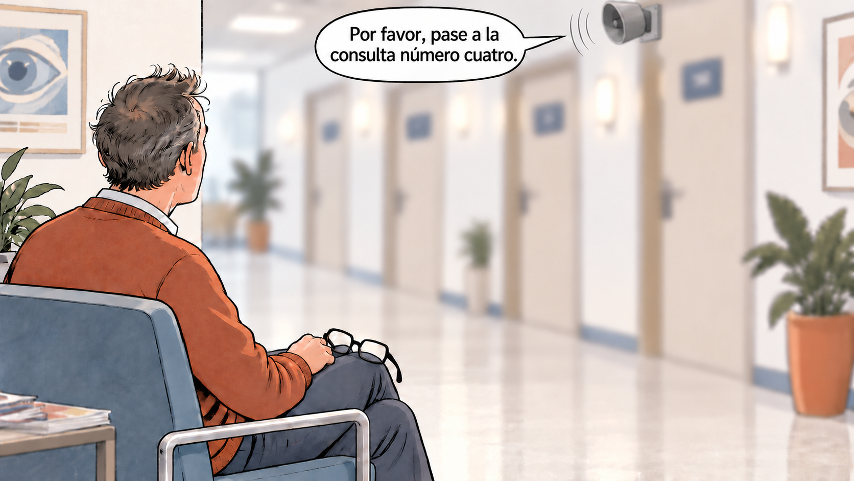 Paciente sin gafas ante varias puertas desenfocadas mientras un altavoz le indica que pase a la consulta número cuatro.