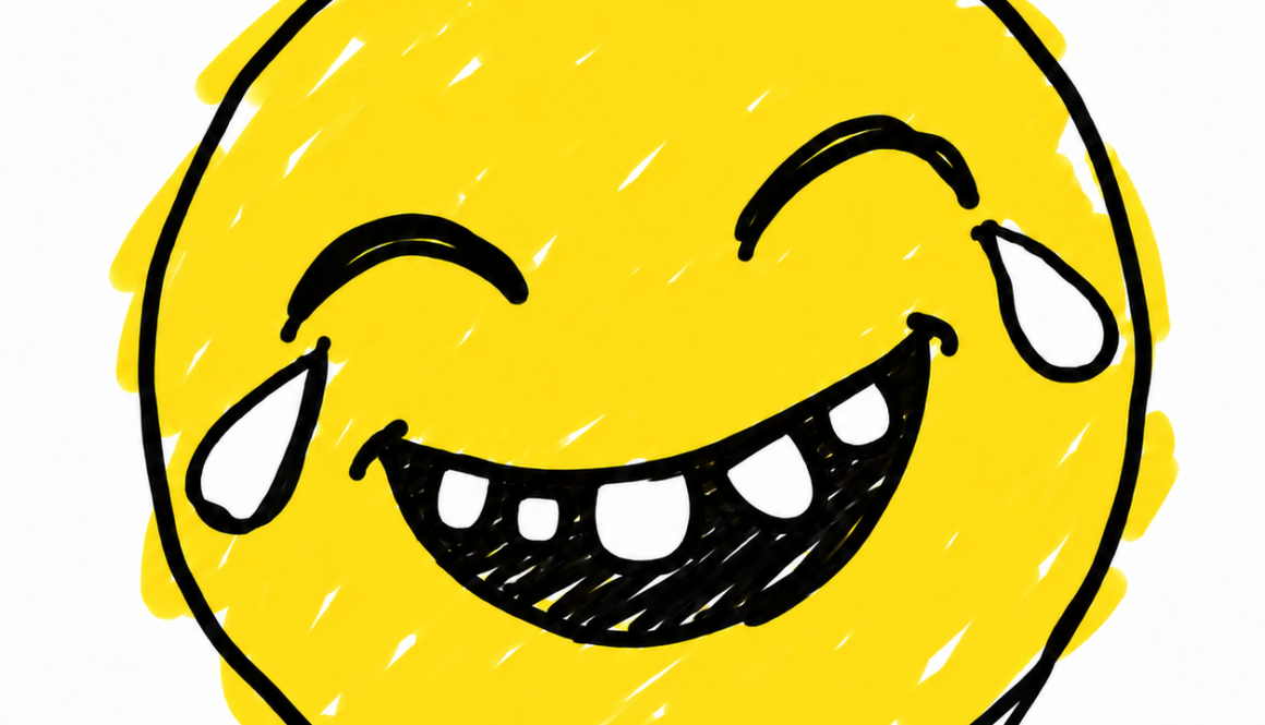 Gelber Smiley beim Lachen mit schiefen Zähnchen und Lachtränen, von Hand gezeichnet.