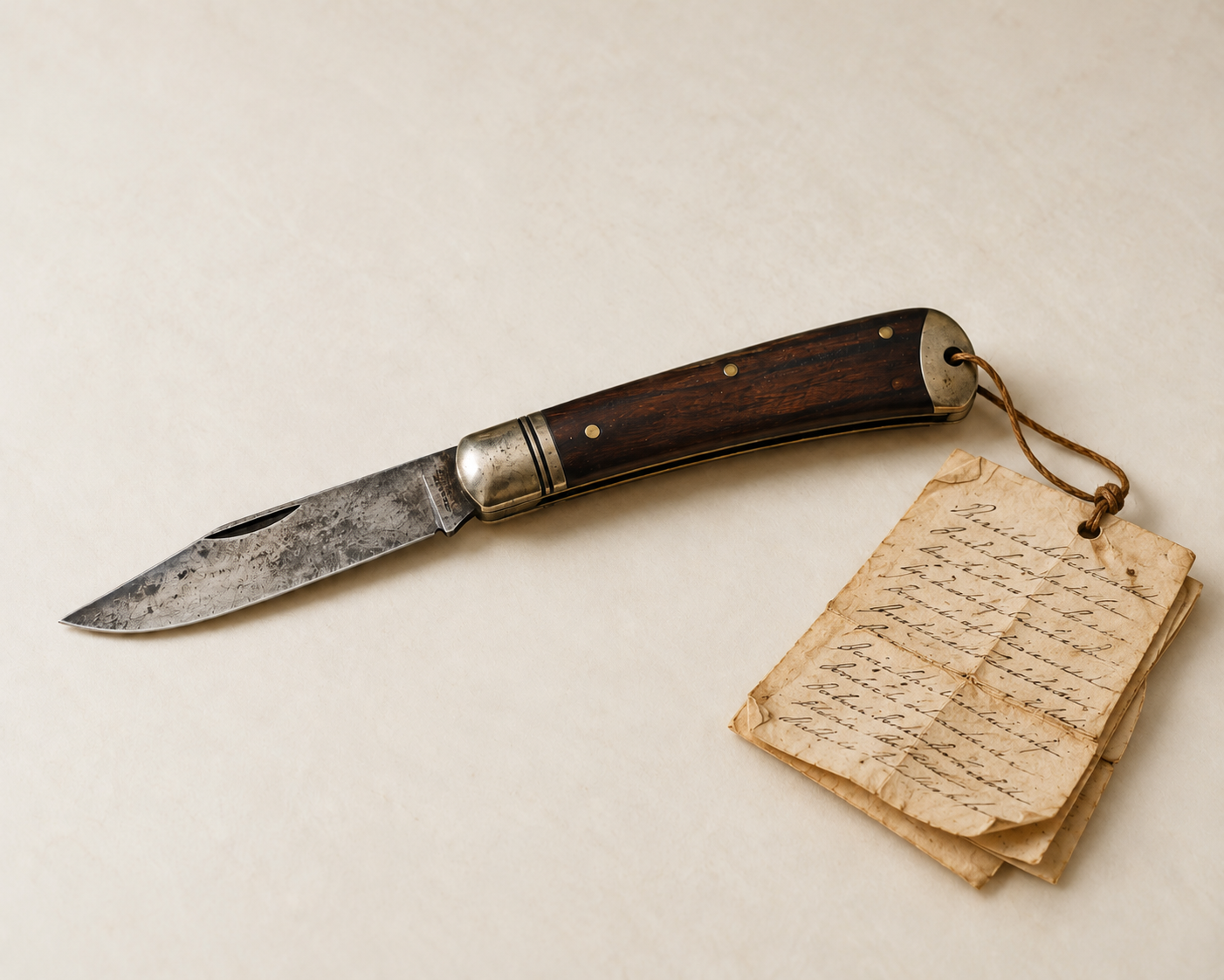 Cuchillo antiguo con prospecto de medicamentos escrito a mano