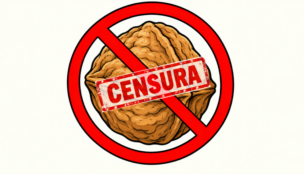 Nuez en estilo cómic con una señal roja de prohibición y la palabra «Censura».