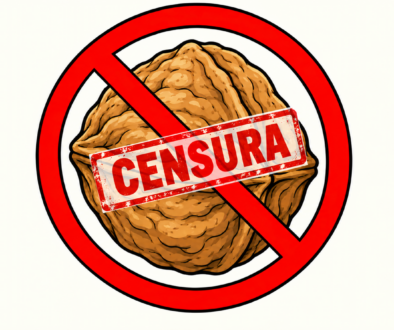 Nuez en estilo cómic con una señal roja de prohibición y la palabra «Censura».