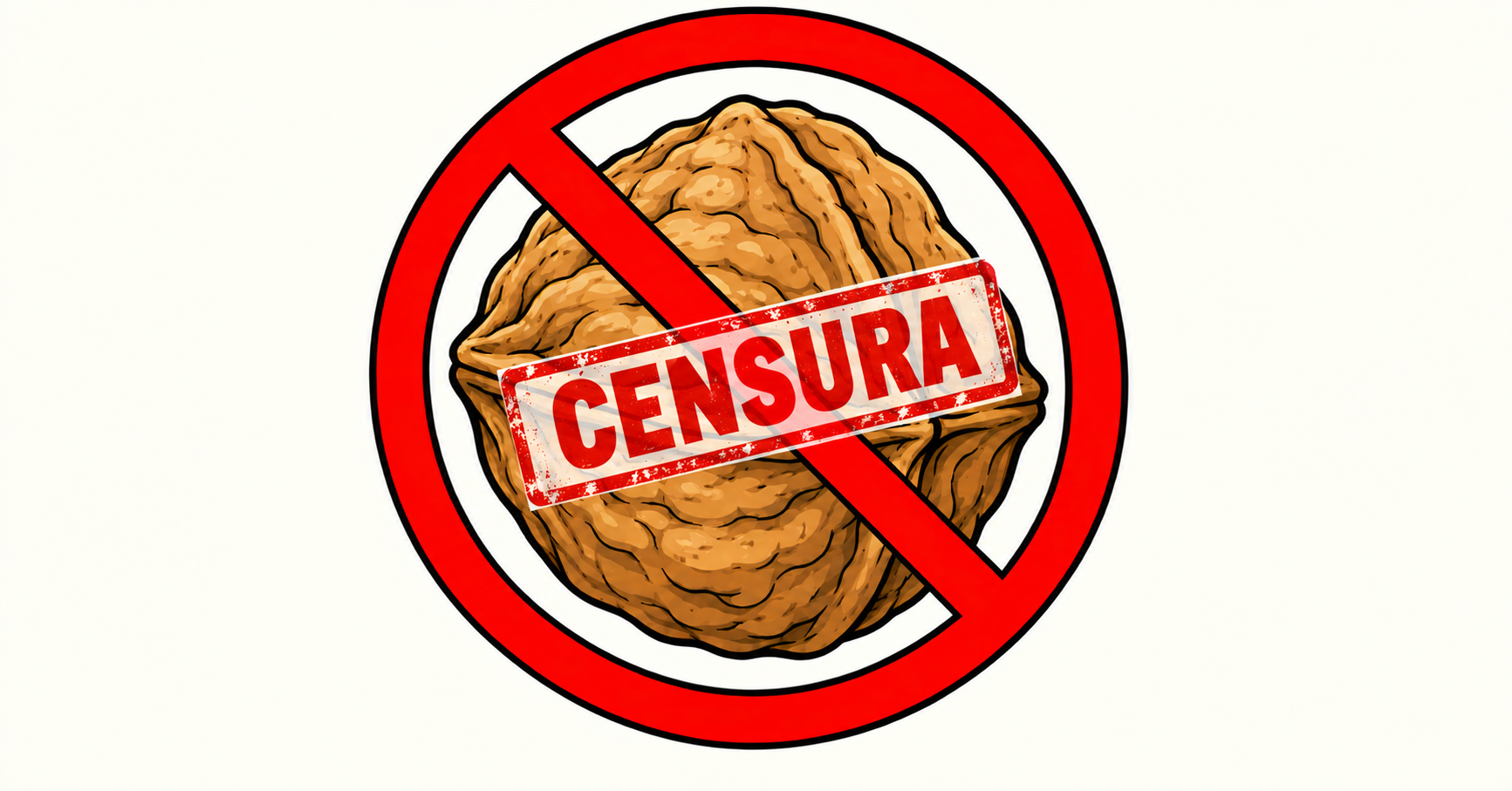 Nuez en estilo cómic con una señal roja de prohibición y la palabra «Censura».